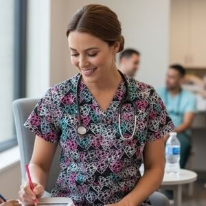 Divine Curves Women's Size 1X Medical Scrub Top W24" X L28" Multi-Color Hearts.